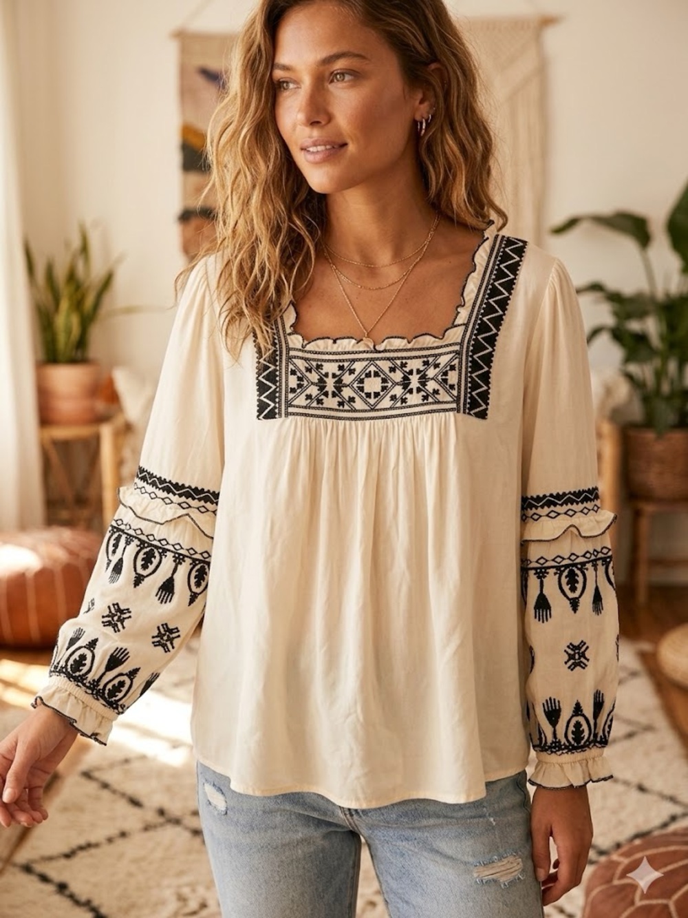 Solitaire Buttercream Peasant Blouse with Black Embroidery